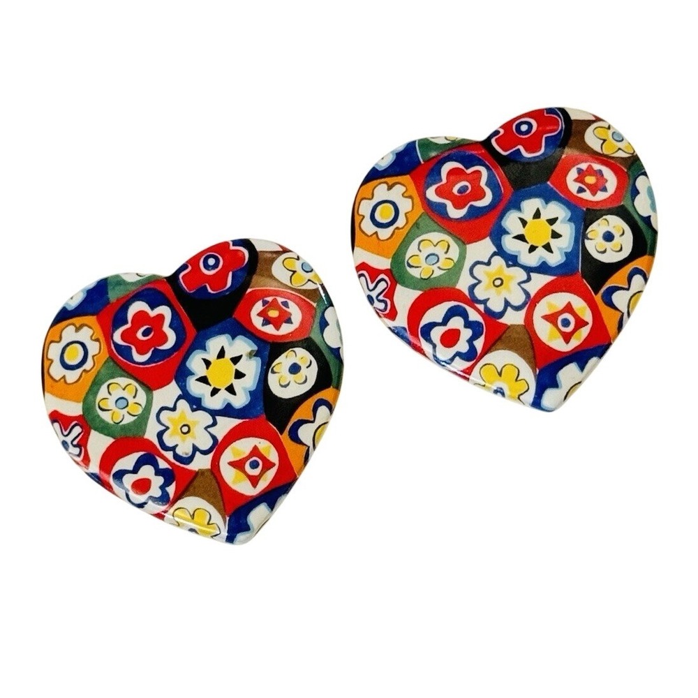 VTG Heart‎ Earrings Chunky Clip Colorful Statement Rare Retro Flashy Ceramic Fun